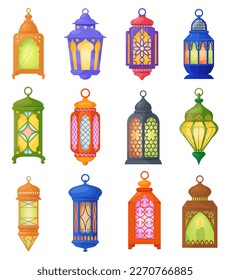 Famous lanterns. Cartoon ramadan lamps for iftar party, hanging old arabic lamp or ramadhan lantern fanoos, traditional islamic muslim religion eid mubarak neat vector illustration