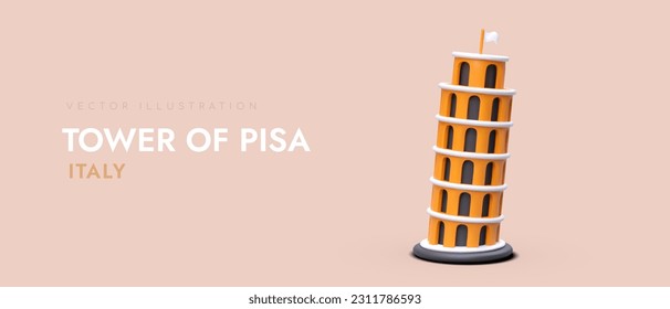 Famous Leaning Tower of Pisa. Realistic rendering of sloping high rise building. Trips to historical monuments. Vector concept for travel company. Advertising of excursions for tourists
