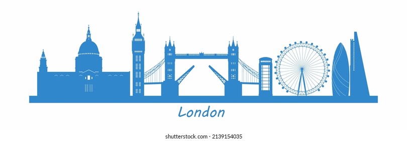 Famous London landmarks and historical buildings. Panoramic view of London, city silhouette. Big Ben, telephone booth, Tower Bridge, St Paul's Cathedral, skyscrapers. Vector illustration.