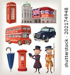 Famous London sights and retro elements of city architecture and lifestyle