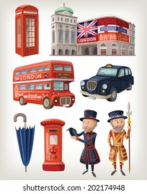 Famous London sights and retro elements of city architecture and lifestyle