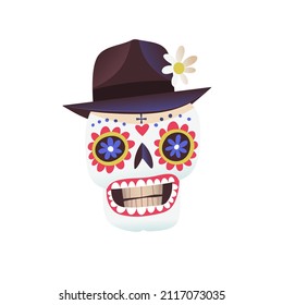 Famous Mardi Gras festival character. Mask that you can often see at New Orleans Parade or Venice Carnival. Isolated head mask sticker. Skeleton face vector image 