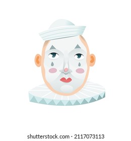 Famous Mardi Gras festival character. Mask that you can often see at New Orleans Parade or Venice Carnival. Isolated head mask sticker. Pierrot clown makeup face vector image