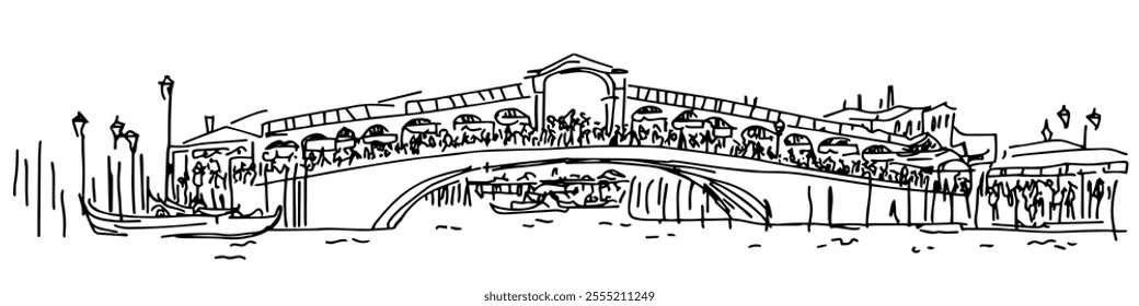 famous market on the Rialto Bridge in Venice, doodle hatching vector sketch, panoramic view