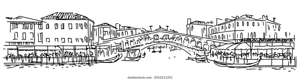 famous market on the Rialto Bridge in Venice, doodle hatching vector sketch, panoramic view