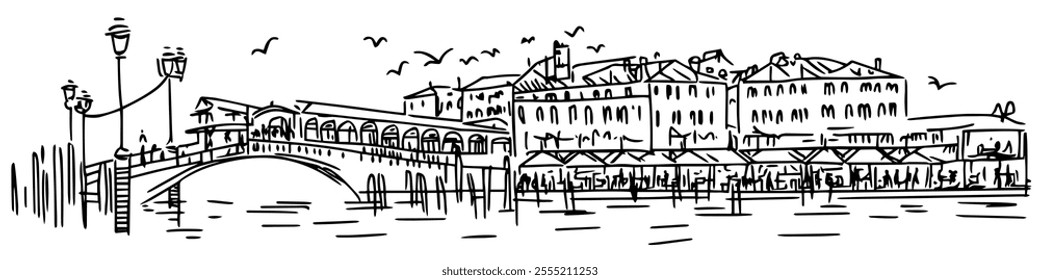 famous market on the Rialto Bridge in Venice, doodle hatching vector sketch, panoramic view