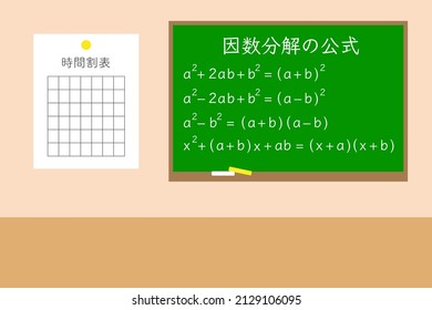 Famous mathematical formulas. Factorization. Vector illustrations. Translation: factorization formulas. Timetable.