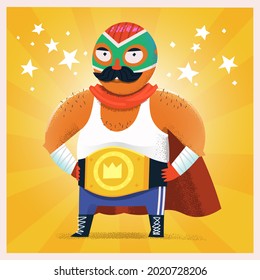 Famous Mexican character - luchador. Strong wrestler in mask with cape. Vector illustration