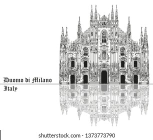 Famous Milan Cathedral in black color on piazza in Milan, Italy. Graphic hand drawing illustration. Vector isolated on a white background.