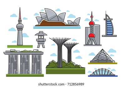 Famous modern futuristic landmarks isolated cartoon illustrations set