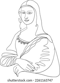 Famous Mona Lisa painting hand drawn in outline style art icon vector illustration.
