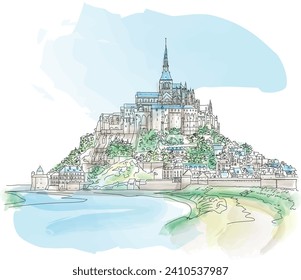 berühmtes Kloster des Mont Saint-Michel mit der Abbey-Kirche, die während der Flut im Norden Frankreichs in der Normandie über dem Hügel erbaut wurde, Vektorgrafik, SHOTLISTtravel