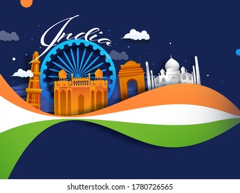 Famous Monument Of India With Ashoka Wheel And Tricolor Wave On Blue Background Can Be Used As Banner Or Poster Design.