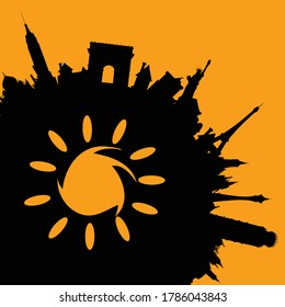 famous monuments illustration with yellow sun
