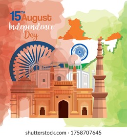 famous monuments of india in background for happy independence day, with map of india and ashoka wheel vector illustration design