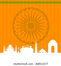 Famous monuments of India Taj Mahal, Red Fort, Qutub Minar, Lotus Temple and India Gate on Asoka Wheel on saffron color background. 