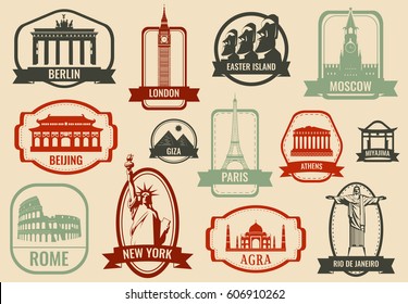 Famous monuments and landmarks collection labels. Travel and Tourism concept. Outline icons. Vector illustration