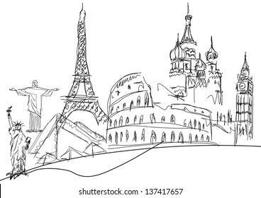 famous monuments on white background