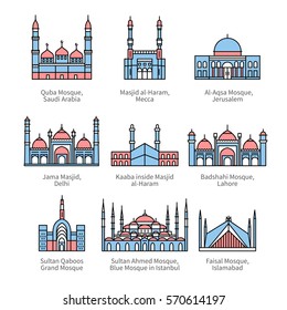 Las famosas mezquitas y los lugares más sagrados del Islam. Puntos de referencia de viajes en la ciudad. Iconos de arte de línea delgada con elementos de diseño de color plano. Ilustraciones de estilo lineal moderno aisladas en blanco.