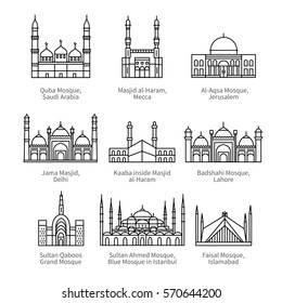 Famous mosques & Islam's holiest places. City travel landmarks. Thin black line art icons with flat design elements. Modern linear style illustrations isolated on white.