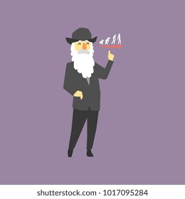 Famous naturalist and geologist - Charles Darwin. Originator of biological theory of evolution. Cartoon old man with gray hair and beard in black costume and hat. Flat vector design