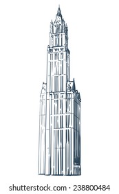 Famous neo-gothic wonder of New York - Woolworth building drawn in a simple sketch style. Isolated contour on white background. EPS8 vector illustration.