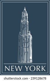 Famous neo-gothic wonder of New York - Woolworth building drawn in a simple sketch style. Isolated contour on dark blue background. EPS8 vector illustration.