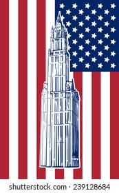 Famous neo-gothic wonder of New York - Woolworth building drawn in a simple sketch style. Isolated contour on USA national flag background. EPS8 vector illustration.