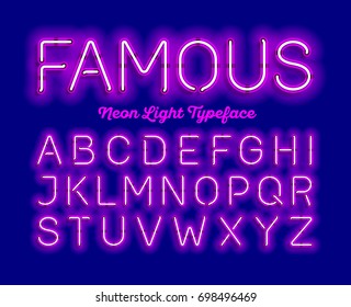 Famous, Neon Light Typeface. Purple Modern Neon Tube Glow Font, Vector Illustration.