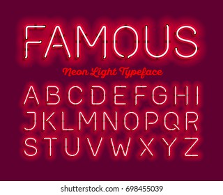 Famous, Neon Light Typeface. Red Modern Neon Tube Glow Font, Vector Illustration.