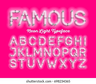 Famous, Neon Light Typeface. White Modern Neon Tube Glow Font, Vector Illustration.