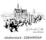 Famous Neuschwanstein Castle near Hohenschwangau village in Germany. Built during the romantic revival of Gothic style in 19-th century by Prince of Bavaria Ludwig. Line drawing isolated on white BG.