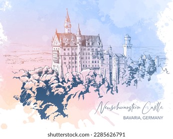 Famoso Castillo Neuschwanstein cerca del pueblo de Hohenschwangau en Alemania. Construido durante el romántico resurgimiento del estilo gótico en el siglo XIX. Dibujo de línea aislado en BG de color agua texturado.