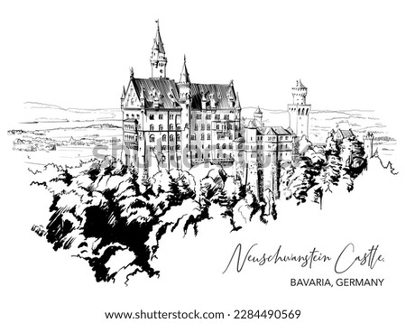 Famous Neuschwanstein Castle near Hohenschwangau village in Germany. Built during the romantic revival of Gothic style in 19-th century by Prince of Bavaria Ludwig. Line drawing isolated on white BG.