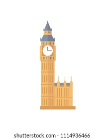 Famous old Big Ben tower with clock from England. British popular architectural attraction. Britain main symbol isolated cartoon vector illustration.