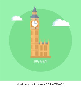 Famous old Big Ben tower with clock from England. British popular architectural attraction. Britain main symbol isolated flat vector illustration in circle