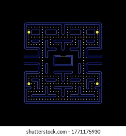 Famous old video game scene, retro styled of screenshot dot eater and ghost square background vector illustration