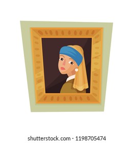 Famous painting of girl with pearl earring and blue headscarf. Museum exhibit. Flat vector for promo poster