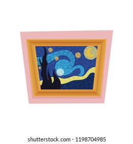Famous painting of starry night by Vincent van Gogh. Museum exhibit. Art gallery theme. Flat vector for advertising poster
