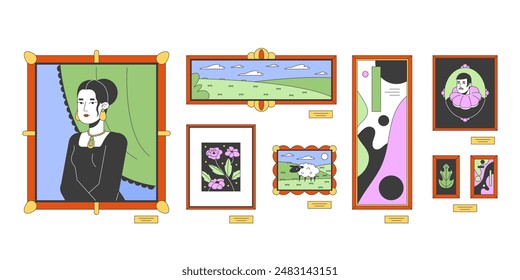 Famous paintings for art gallery 2D linear cartoon objects set. Exhibition artwork isolated line vector elements white background. Masterpiece picture frames color flat spot illustration collection