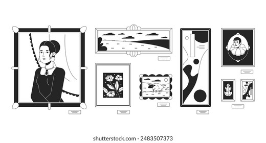 Famous paintings for art gallery black and white 2D line cartoon objects set. Exhibition artwork isolated vector outline items collection. Masterpiece pictures monochromatic flat spot illustrations