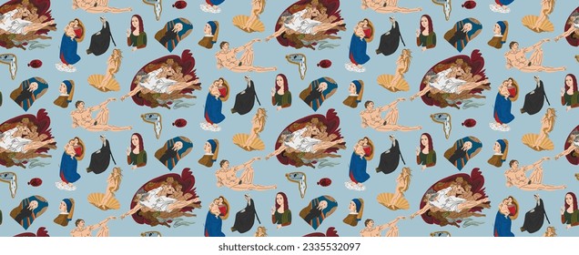 Famous paintings in vector. Exhibition of classical painting. Gallery of works of art. masterpieces of world art. Creation of Adam. Reproductions of paintings. Seamless pattern