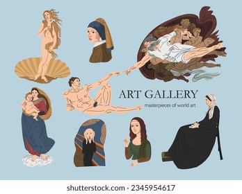 Famous paintings in vector. Exhibition of classical painting. Gallery of works of art. masterpieces of world art. Creation of Adam. Reproductions of paintings. Birth of Venus. Sistine Madonna. 