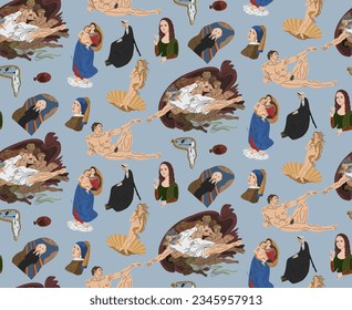 Famous paintings in vector. Exhibition of classical painting. Gallery of works of art. masterpieces of world art. Creation of Adam. Reproductions of paintings. Birth of Venus.  