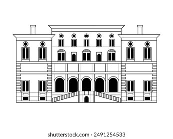 Famous palace and popular Italian landmark in Rome inspired by Borghese Gallery art museum. Travel to Italy Roman villa building icon in line art design.