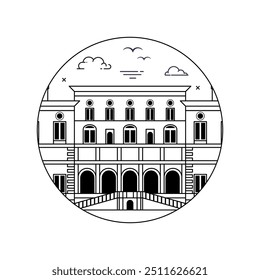 Famoso palácio e monumento italiano popular em Roma inspirado no museu de arte da Galeria Borghese. Viaje para a Itália Villa romana construindo ícone círculo em design de arte em linha.