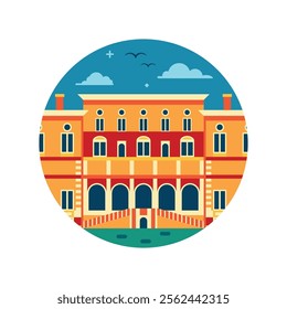 Famous palace and popular Italian landmark in Rome inspired by Borghese Gallery art museum. Travel to Italy Roman villa building circle icon in line art design.