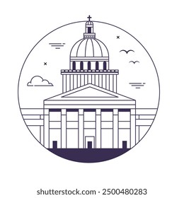 Famous Paris monument circle icon inspired by Pantheon building. Famous architectural tourist landmark in capital of France in line art design.