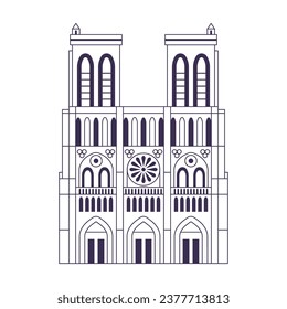 Famous Paris monument icon inspired by Notre Dame cathedral. Famous architectural tourist landmark in capital of France in line art design.