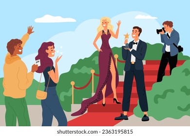 Famous people on red carpet. Glamour man and woman receiving reward at festival. Starry beautiful couple. Happy celebrities and fans. Paparazzi shooting photos. Garish